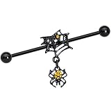 Body Candy Steel Yellow Black Accent Spider Web Halloween Dangle Industrial Barbell 14 Gauge 38mm