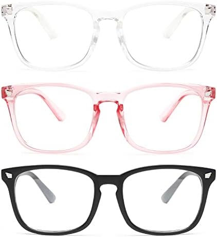 Gaoye 3-Pack Blue Gentle Blocking Glasses, Style Sq. Faux Nerd Eyewear Anti UV Ray Pc Gaming Eyeglasses Ladies/Males