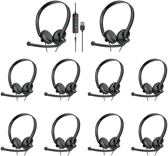 Image of FEABASK USB Headset with Microphone for PC - Lightweight Wired Computer Headset with Microphone for Home Office Online Class Skype Zoom Meetings,in Line Mute Controls(10pcs)