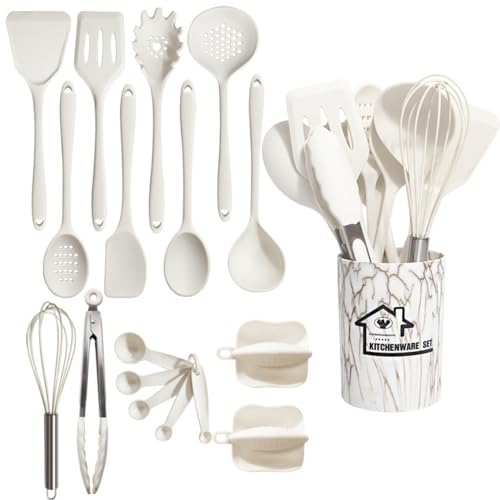 Ziuuihu シリコン製キッチンツールセット 18点セット ホルダー付き 耐熱 調理器具 おたま フライ返し トング 泡立て器 ヘラ スプーン 白色 (ホワイト,キッチンツール 18点セット)
