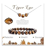 3PS Tigers Eye Bracelet - Necklace - Ring Jewelry Set, 8MM Healing Crystals Beaded Bracelets Tiger Eye Necklace, Adjustable Size Gemstone Rings for Women, Inspirational Gifts for Women