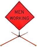 OrangeGear® 36” x 36” MUTCD TTC Compliant Orange Mesh Rollup Traffic Control Sign, Fiberglass Ribs & Steel Sign Stand Kit (Men Working)