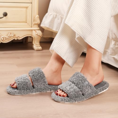 EverFoams Women's Fuzzy Open Toe Slippers Comfy Soft Memory Foam Indoor House Shoes2