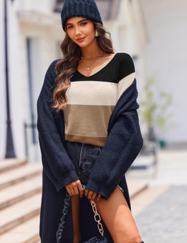Image of Zeagoo Womens Sweaters Fall Trendy Casual Long Sleeve Shirt Lightweight V Neck Off Shoulder Crochet Pullover Top Outfit