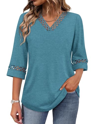 Image of WIHOLL Womens Tops Eyelet Lace V Neck 3 /4 Bell Sleeve Blouses Dressy Casual Work Shirt 2026 Summer Fall Fashion Clothing