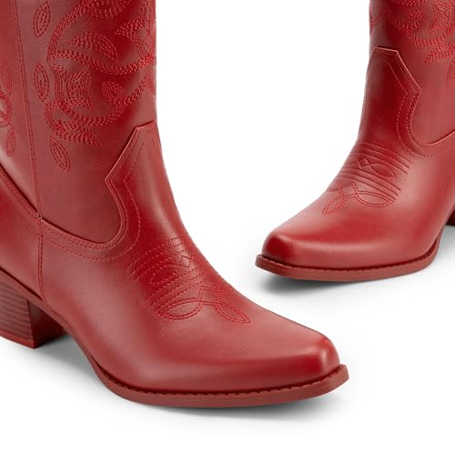 DREAM PAIRS Cowboy Boots for Women Cowgirl Western Boots Fashion Embroidery Stitched Chunky Heel Mid Calf Boots,Size 9.5,Red-Pu,DWUMMB2504