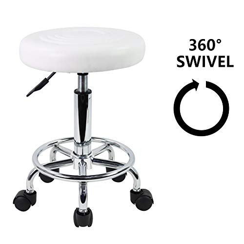 KKTONER PU Leather Modern Round Rolling Stool with Footrest Height Adjustable Spa Drafting Salon Tattoo Work Massage Stools Task Chair Small (White) - Thumbnail 4