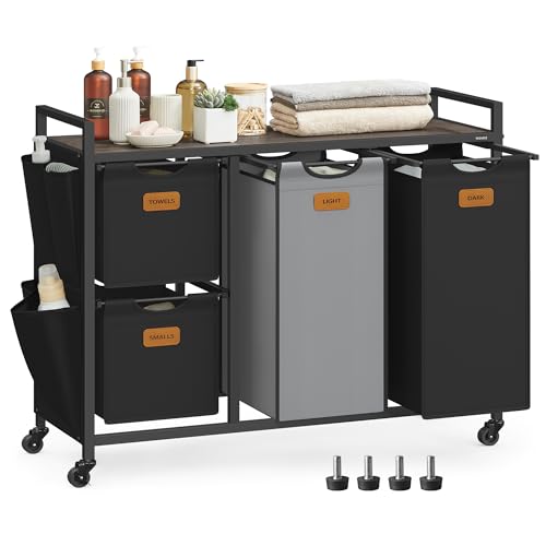 VASAGLE Wäschekorb, Wäschesammler, Wäschesortierer, Rollen, Wäschewagen...