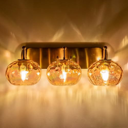 Image of 23 inch Brushed Gold Vanity Light Stained Amber Hammered Glass Wall Sconce 3-Light Brass Wall Lamp for Hallway Living Room Stairwell Bathroom Over Mirror