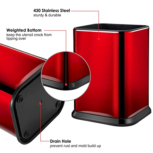 Redcall Stainless Steel Kitchen Utensil Holder For Countertop,Large Cooking Utensils Organizer,Spoon Spatula Holder,Modern Rectangular Utensil Caddy Counter,Utensil Crock Red #TOP2