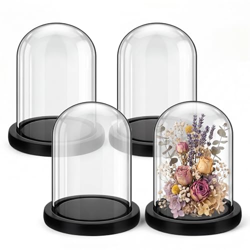 Suclain 4Pc Glass Dome Cloche with Wood Base, Black, 5.1" X 3.8"