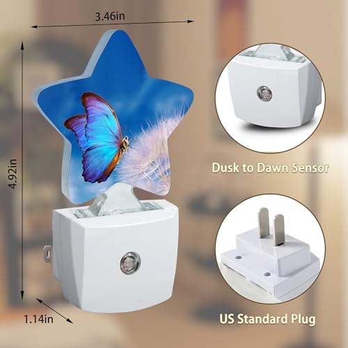 Image of Blue Butterfly Dandelion Night Lights Plug into Wall with Dusk to Dawn Sensor,Lamp for Bedroom Bathroom Hallway Nightlight for Women Girls