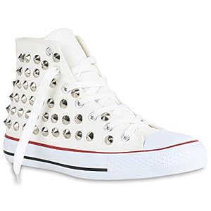 stiefelparadies stiefelparadies Damen Sneakers Denim Stoff Spitze Sneaker Low Nieten Glitzer Freizeit Damen Turn Schuhe 138937 Weiss Nieten 39 Flandell