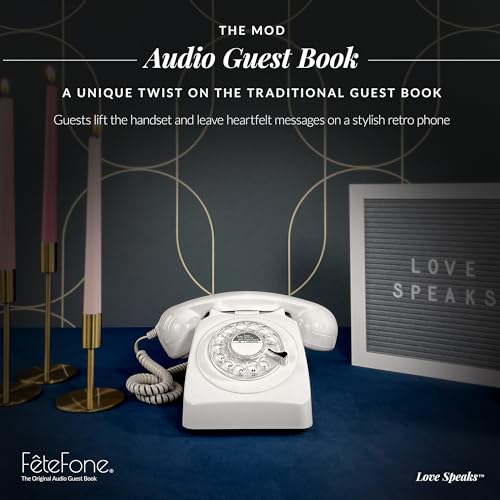 FeteFone The Mod Vintage Audio Guest Book Phone, Unique Voicemail Message Recorder Guestbook Alternative for Wedding, Bridal Shower, Birthday Party, Baby Shower, Anniversary, Engagement, White