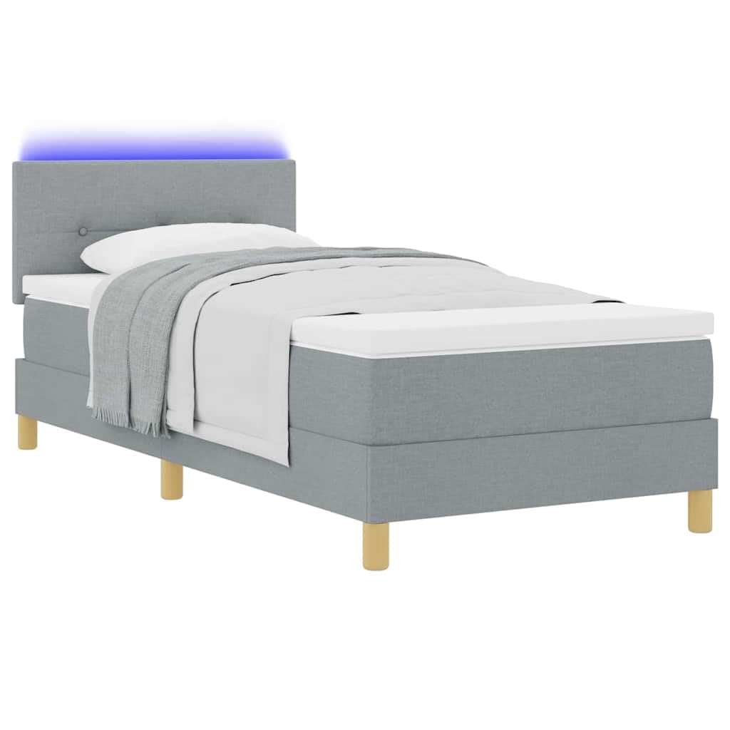 Cama con somier LED gris claro con cabecero y tiras LED RGB de 90 x 190 cm, tela, estructura de cama estable con cabecero ajustable, incluye colchón y cubrecolchón para dormitorio y