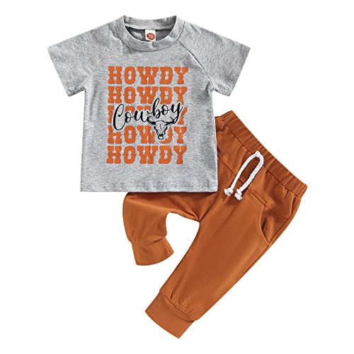 Image of Western Baby Boy Clothes Set Cow Letter Print Short Sleeve Tshirt Top and Pants Casual Outfits
