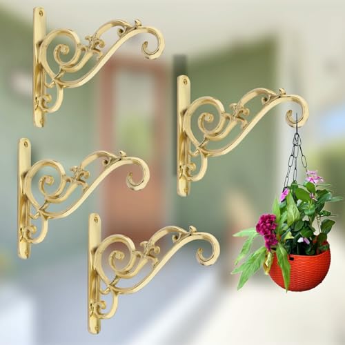 Image of GHAR DWAR Metal Wall Hook Hanging Plant Bracket Decorative Straight Plant Hanger for Pots, Bird Feeders, Planters, Lanterns, Macrame, Wind Chimes Indoor Outdoor (Pack of 4, Gold)