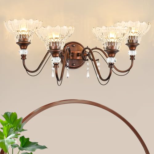 Image of Vintage Bathroom Vanity Light, 4-Light Antique Red Bronze Finish Wall Sconce with Hanging Crystal Accents and Flower-Shaped Clear Glass Shades, Retro Wall Mount Vanity Light Over Mirror for Bathroom