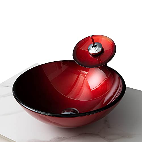 HomeLava Lavabo Vasque en Verre Trempé Rouge, avec Robinet Cascade à poser la salle de bain