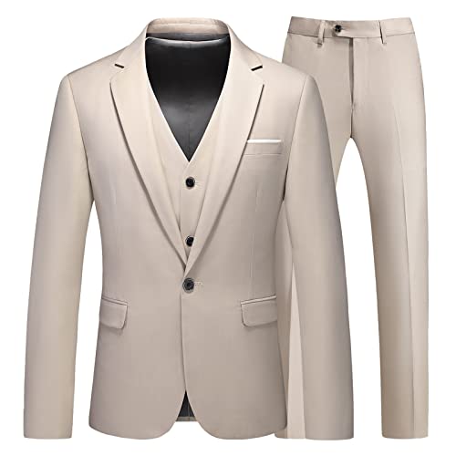 Mens Slim Fit Suits 3 Pieces One Button Solid Suit Blazers For Business Wedding Formal Prom Tuxedo Blazer Vest & Pant Set Champagne #TOP2