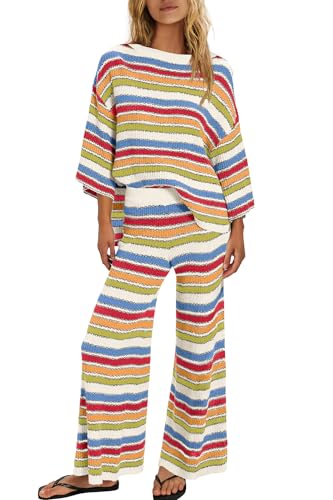 ReachMe Womens Oversized Striped 2 Piece Sets Sweater and Wide Leg Pants with Pockets Pajama Lounge Sets Casual Outfits(Rainbow Combo M)