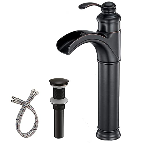 Greenspring Vessel Sink Faucet Oil Rubbed Bronze Waterfall Spout Single Hole Single Handle Farmhouse Lavatory Bathroom Faucet with Pop Up Drain Without Overflow Supply Line Lead-Free