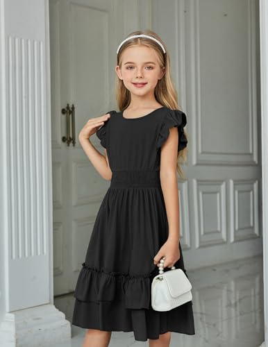 Image of Arshiner Girls Dresses Flutter Sleeve A-Line Sundress Casual Summer Tiered Swing Midi Pocket Dress