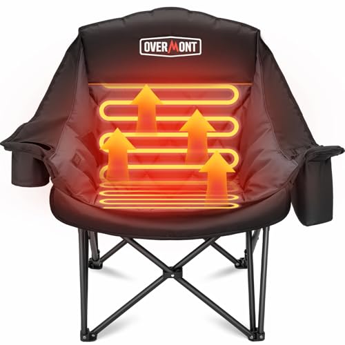 Overmont Heated Oversized Camping Chair for Adults - 3 Heat Levels Seat & Back Separately Control - 400lbs Support Heavy Duty Padded Folding Chair Outdoor Garden Portable - Battery NOT Included