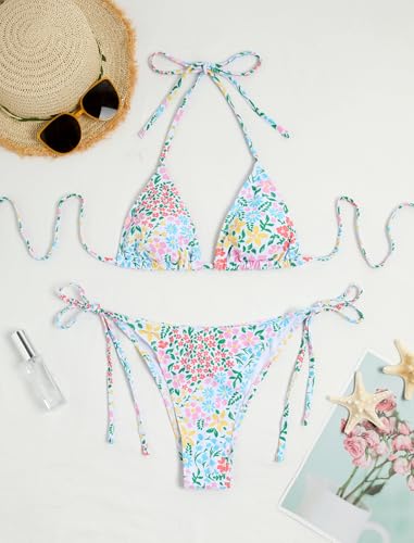Image of ZAFUL Womens Printed Triangle Bikinis 2 Piece Halter Bikini Sets High Cut Bathing Suit Side Tie Swimsuits