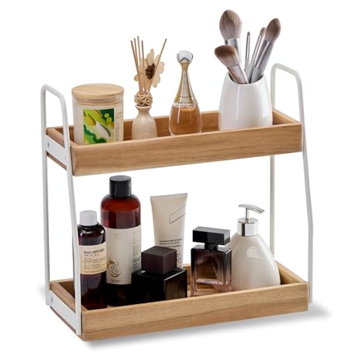 THYOI Acacia Wood 2-Tier Wooden Organizer Countertop, 15.4”x6.7”x14.6”, Natural White with White Steel, Two-Tier Bathroom Organizer, Storage Organizer, Wooden Organizer, Countertop Storage Shelf