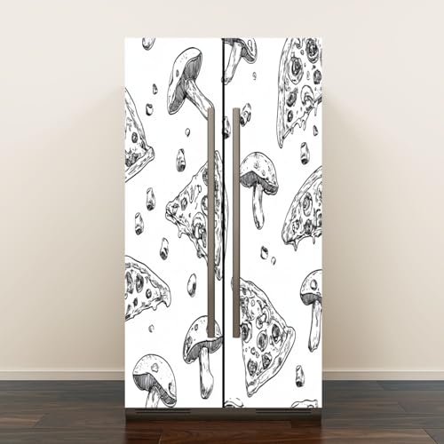 Self Adhesive Vinyl Refrigerator Wrap Set Seamless Pizza Slice Pattern Hand Drawn Pizza Great for menu Door Mural Removable Fridge Sticker Peel and Stick Decal Rustic Kitchen Decor