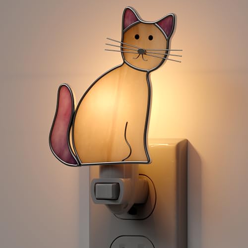Image of KY&BOSAM Stained Glass Cat Night Lights Plug into Wall 1-Pack 7W Plug in Night Light Dusk to Dawn 3000K Warm White Bright Nightlight Switch-On /Off for Adults Kids Room Bathroom Hallway Kitchen Non-Dim