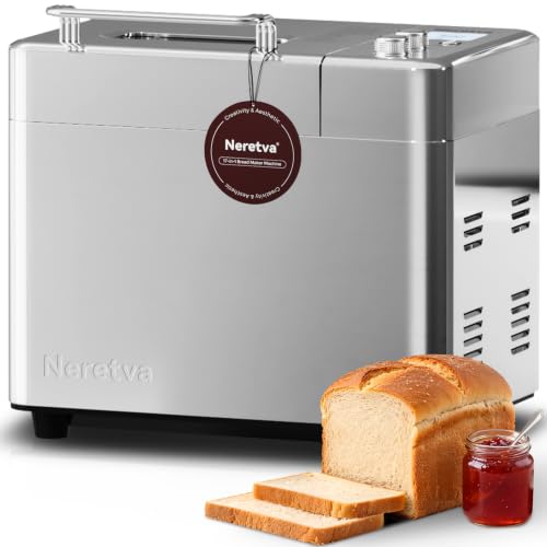 Neretva Bread Maker, 17 Programmes Capacity Maker with Car Nut Fruit Dispenser, Non-Stick Ceramic Mould, 15H Timer 1H Warm, Low Noise, Stainless, Steel, 1 Kg