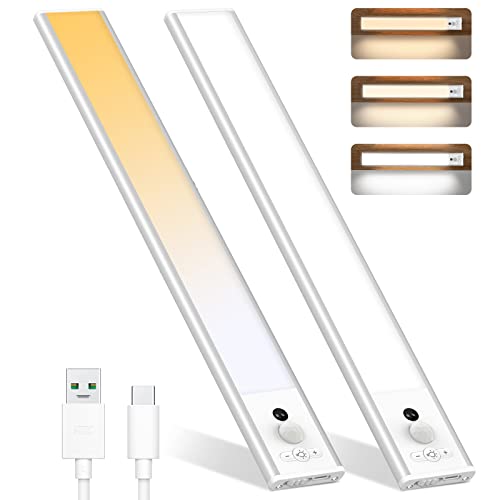 pinci 30CM Under Cabinet Kitchen Lights, 2Pack Wardrobe Lights Motion Sensor with Magnetic, 3 Adjustable Color Temperatures, USB Rechargeable Light Suitable for Stairs, Wardrobes, Kitchens, Garages