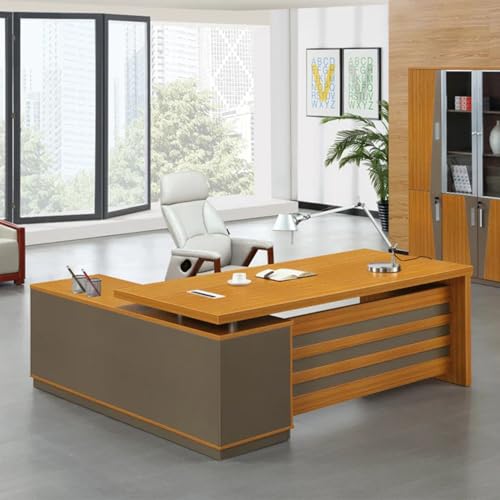 Image of Director and Executive L Shape Office Table Made in Particle Board Side Unit and Wire Manager Drawers & Openable Shutter 5-Year Warranty & Free Assembly (LDL-553)