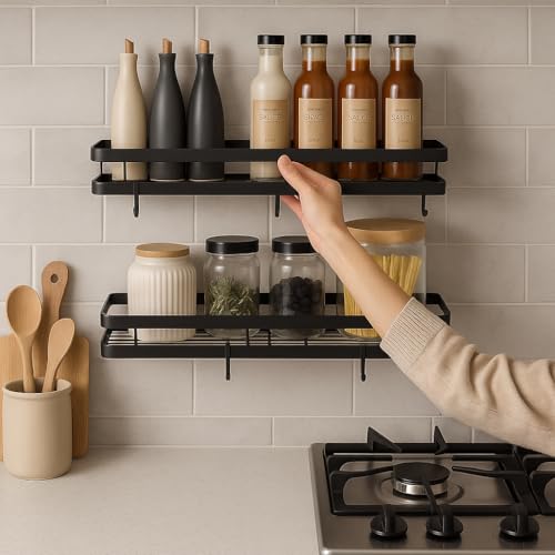 Image of Craftize Mstore Wall Mounted Kitchen Spice Rack Organizer - Black Iron Hanging Spice Shelf with 5 S-Shaped Hooks for Utensils | Pack of 2 (Two Different Sizes) (Pack-2)