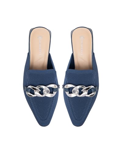 Image of NEWBELLA Women's Knit Pointed Toe Mule Slides, Chunky Gold Chain Decor, Low Block Heel, Slip On Loafer for Daily Office Wear