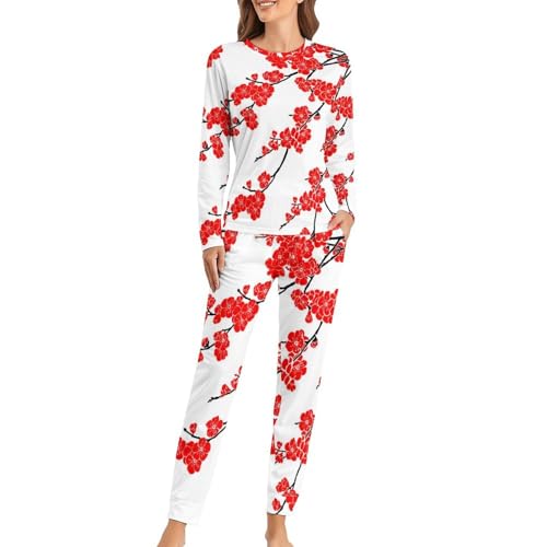 Ensemble de pyjama femme Fleur Rouge en maille douce haut de gamme avec pantalon