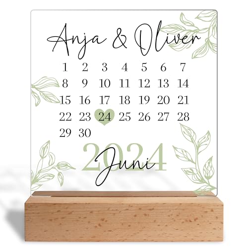 Acrylglas personalisiert mit Wunschdatum & Namen - Jahrestag Geschenk für sie & ihn - Verlobung, Hochzeit, Kennenlerntag, Jubiläumsgeschenk - Glasbild inkl. Holzaufsteller, 15x18 cm (Grün)