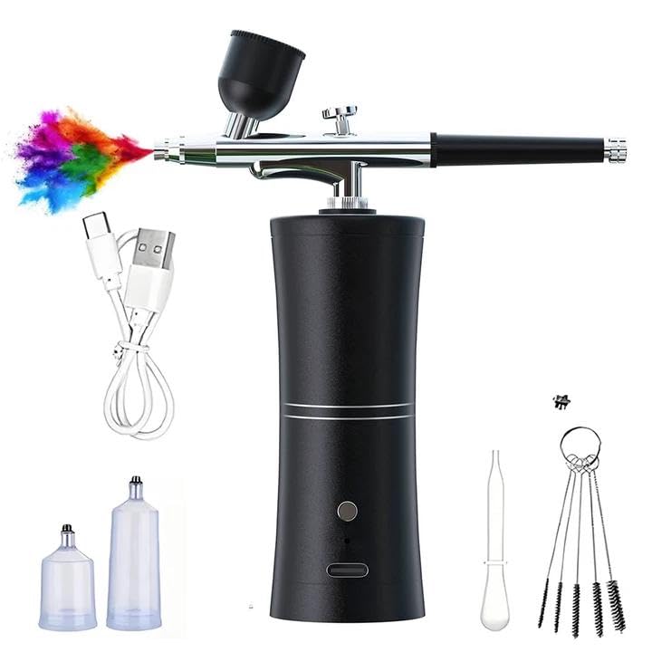 Kabelloses Airbrush Set mit Kompressor – Tragbare Airbrushpistole für Kuchendekoration Nageldesign Make-up Tattoos Modell- und Gesichtsbemalung (Schwarz)