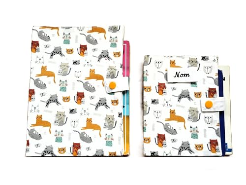 eliz-style-creation - Protège Carnet de Santé pour Chat, Range Ordonnance, Housse de Passeport, Petits Chats Moutarde et Gris, nom brodé