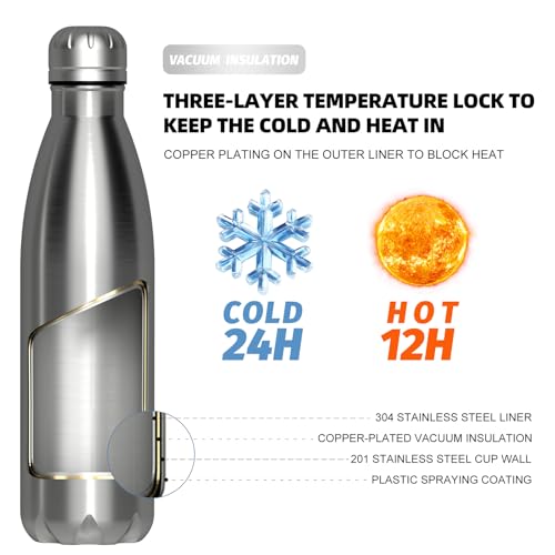 Image of WATERSY Stainless Steel water bottles,17oz /500ml Insulated Water Bottles,Sliver metal water bottle Keeps Drink Cold and Hot,BPA Free kids water bottles for School,Gym,Travel,Sports
