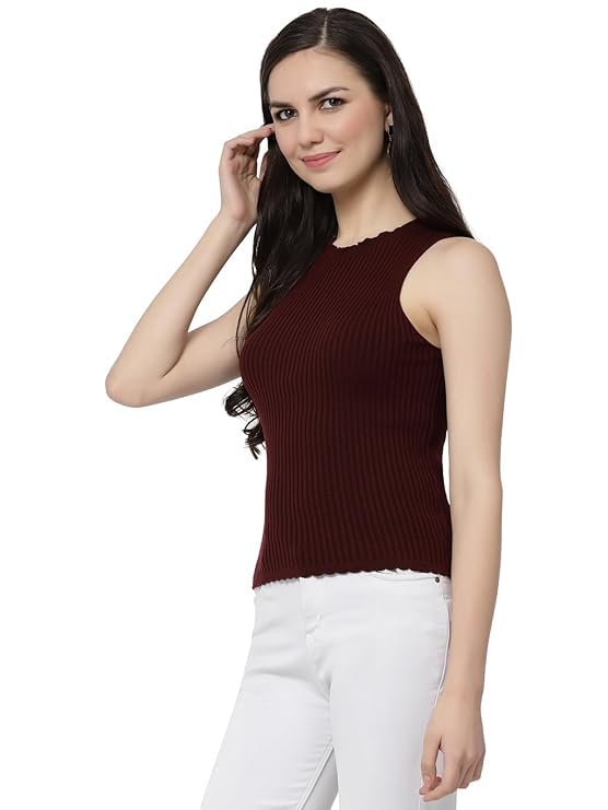 Image of Kalt Womens Knitted, Ribbed Cotton Fitted Sleeveless Round Neck Cami Tank Top
