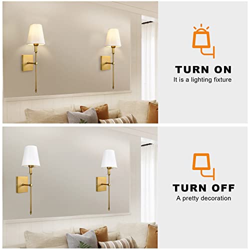 Passica Decor Modern Antique Brass Wall Sconces Set Of Two 2 Pack With Vertical Rod And White Fabric Flared Shade,Versatile Used In Bathroom Vanity Stairway Fireplace Kitchen Sink Living Room Bedroom #TOP2