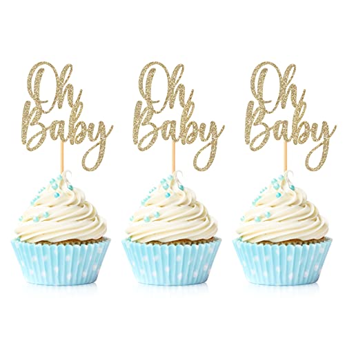24 Pieces Oh Baby Cupcake Topper Light Gold Glitter Baby Shower Cake Decorations Boys Girls Birthday Party Supplies