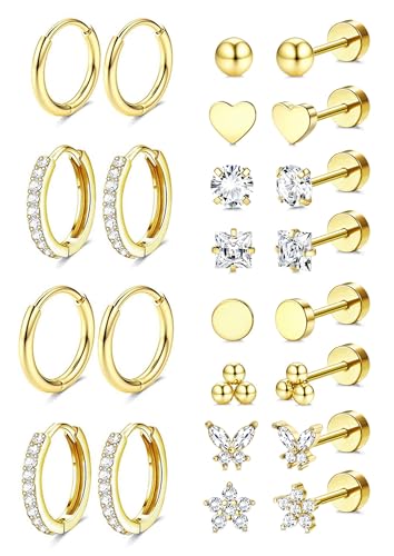 Image of Shining Diva Fashion 12 Pairs Anti Tarnish Earrings Combo Set | 14K Gold Plated | Hypoallergenic Stainless Steel Earring for Sensitive Ears | Flat Back Stud Hoop Cartilage Earring for Multiple Piercing