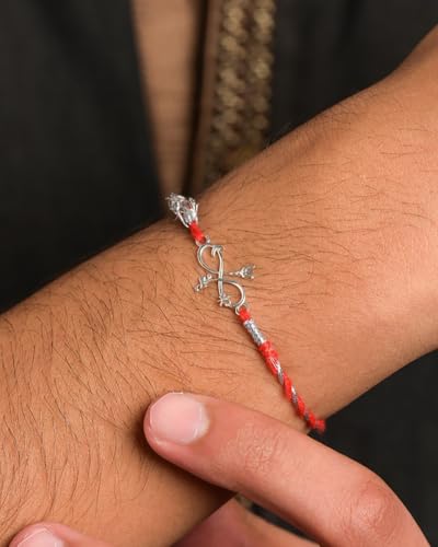Image of Clara 925 Sterling Silver Rakhi with Roli Chawal for Bhai | Gift for Brother on Rakshabandhan | Men & Boy Bracelet
