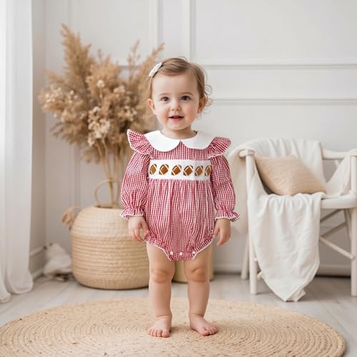 Newborn Baby Girl Football Outfit Embroidery Smocked Bubble Romper Long Sleeve Bodysuit Fall Clothes3
