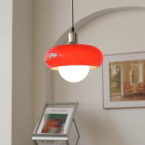 - ACLBLK Mid Century Farmhouse Pendant Lights with White Milk Glass Ball Hanging Light Red Glass Nordic Vintage Coastal Chandelier Large Island Light Over Kitchen Dining Room Bedroom Restaurant