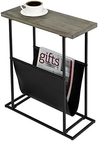 MyGift 21-Inch Modern Narrow Living Room End Table with Rustic Gray Solid Wood Tabletop and Black Metal Frame, Bedroom Nightstand Side Table with Magazine Holder Sling